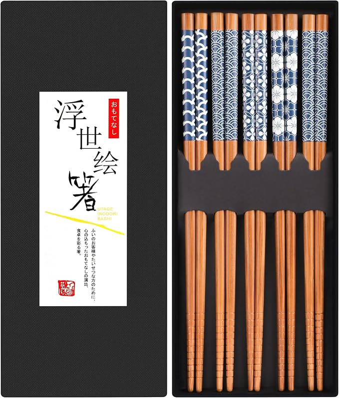 Antner 5 Pairs Natural Bamboo Chopsticks Reusable Classic Japanese Style Chop Sticks Gift Sets, Dishwasher Safe, 8.8 Inch/22.5cm