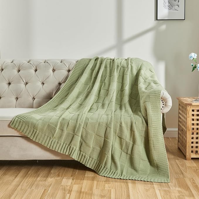 CozeCube Sage Green Knitted Checkered Throw Blanket 50"X60" | Check Knit Throw for Couch, Decorative Christmas Soft Cozy Warm Blanket for Bed Sofa Living Room