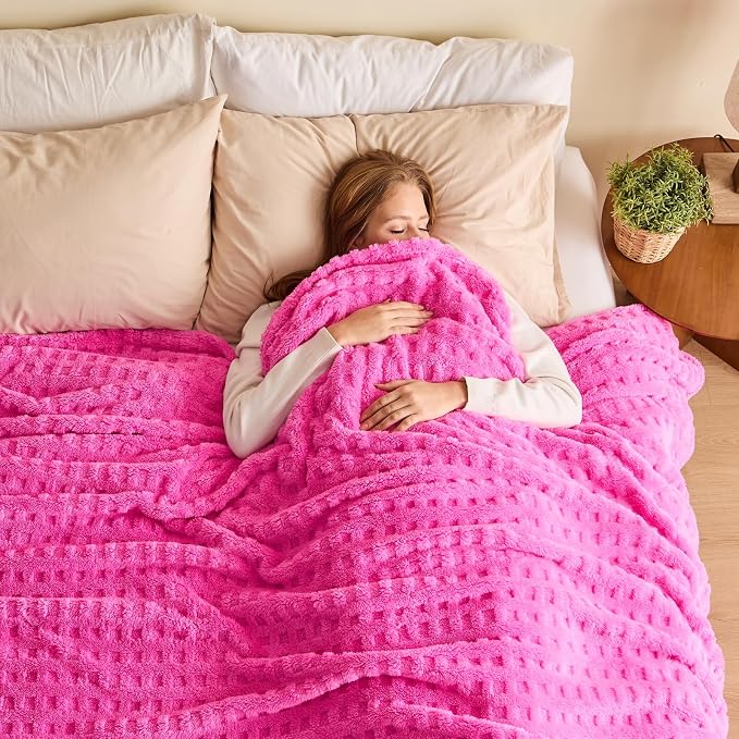 NEWCOSPLAY 3D Waffle Checkered Flannel Queen Blanket, Hot Pink, 90"x90" | Super Soft Cute Lightweight Decorative Premium Silky Fleece Blanket for Couch Sofa Bed, Gift for Women Men, All Season Use