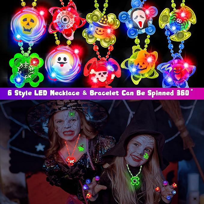 78 Pcs Halloween Party Favors, Halloween Toys Gifts for Kids, LED Rotating Bracelets Necklaces Light Up Rings Glow In The Dark Bouncy Balls Temporary Tattoos for Halloween Party Decorations Supplies