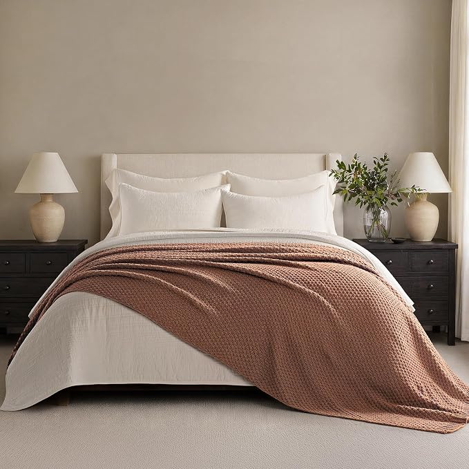EVERGRACEHOME Chunky Chenille Knit Throw Blanket, 90 x 90, Terracotta Clay | Sculpted Moss Stitch, Chic Modern Farmhouse, All-Season Warmth, OEKO-TEX® Certified, Oversized Queen for Couch, Bed, Sofa