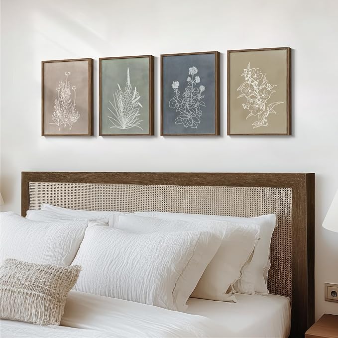 Framed Boho Neutral Botanical Wall Art for Living Room, 4 Piece 12x16 In | Rustic retro artwork, Floral pictures, Canvas prints, Vintage flower paintings, Modern farmhouse wall decor, Bedroom decor