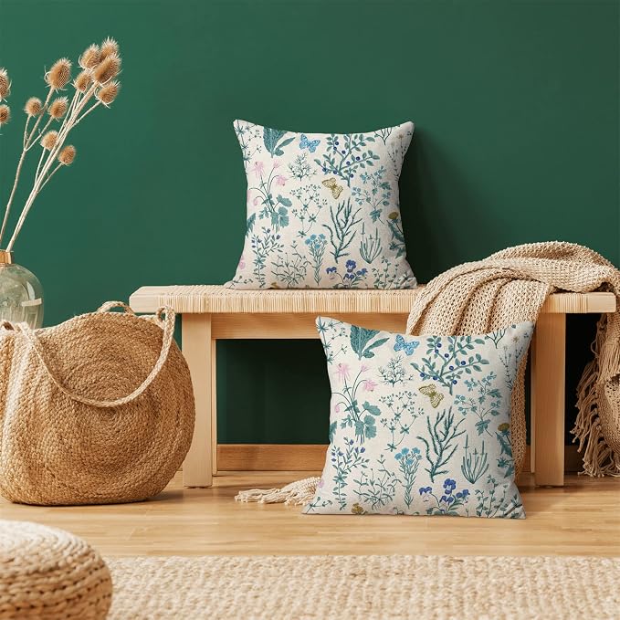 AEIOAE Spring Pillow Covers 20x20 Inch Set of 2,Blue Teal Wild Flower Plant Throw Pillows Case,Seasonal Floral Outdoor Decorative Square Linen Farmhouse Decor Cushion Covers for Home Sofa Bed Couch