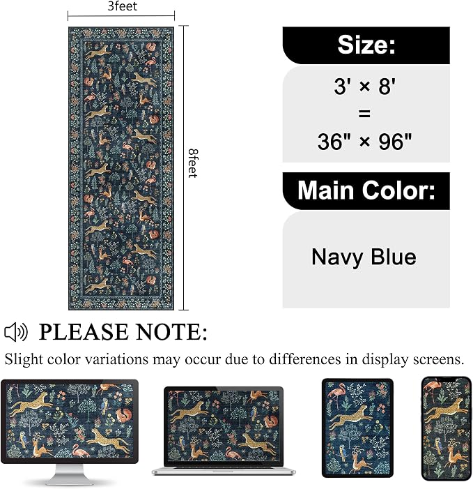 DUKINO 3x8 Runner Rug, Animal Washable Runner Rug for Kitchen, Navy Blue | Non Slip, Low Pile, Soft Indoor Carpet Runner for Hallway, Entryway, Bedroom, Bathroom, Laundry, Pet Friendly, Non-Shedding