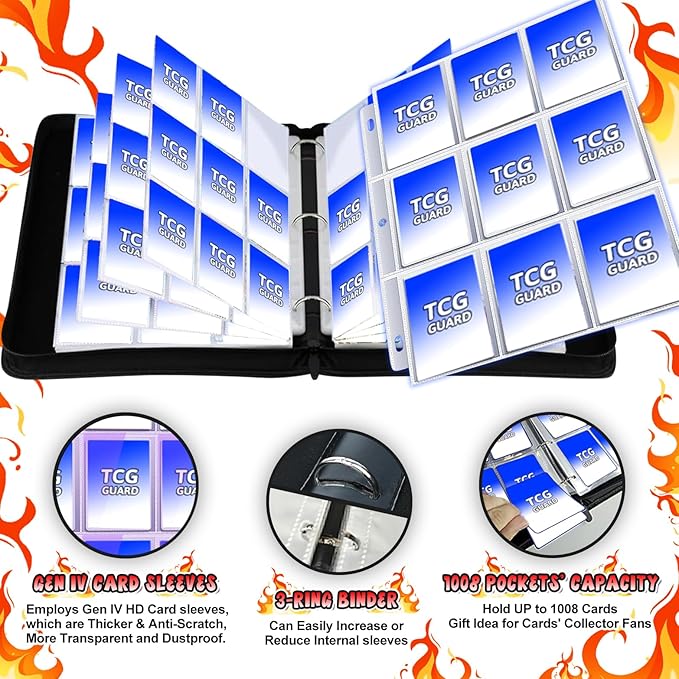 1008 Card Binder 9 Pocket Trading Card Binder with 56 Page 3-Ring Removable Sleeves, High Storage Waterproof Card Holder Collection Card Album Carrying Organizer Case for MTG TCG Cards - Double Dragon