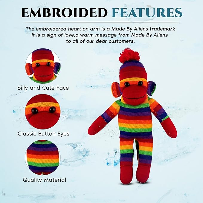 Plushland Adorable Sock Monkey, The Original Traditional Hand Knitted Stuffed Animal Toy Gift-for Kids, Babies, Teens, Girls and Boys Baby Doll Present Puppet (16'' Rainbow)