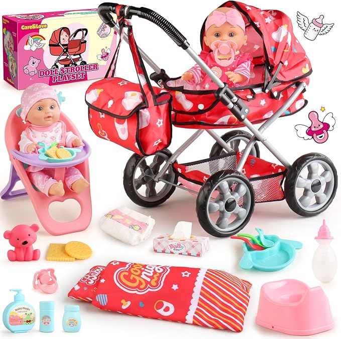 Baby Doll Stroller Set for Toddler Girls 3-5, A 12.5" Babydoll with Baby Doll Accessories, Pillow, Blanket & 2 Sets Clothes, Doll Toy Stroller for Kids, Gifts 3 4 5 Year Old Girls Toys