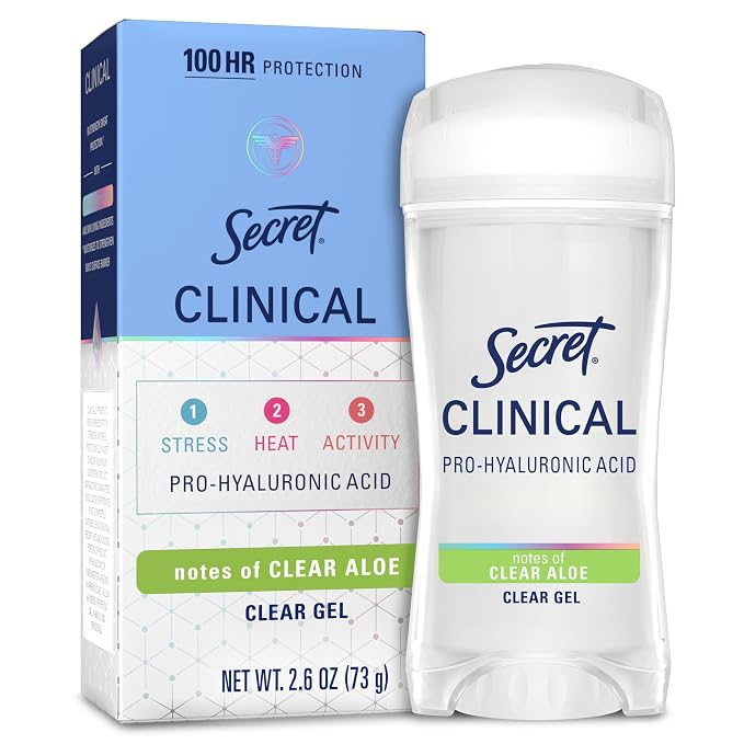 Secret Clinical Strength 100HR Sweat & Odor, Clear Gel Antiperspirant Deodorant for Women, 3X Stress Protection with Pro-Hyaluronic Acid, Ph Balancing Minerals, Clear Aloe Scent, 2.6 oz