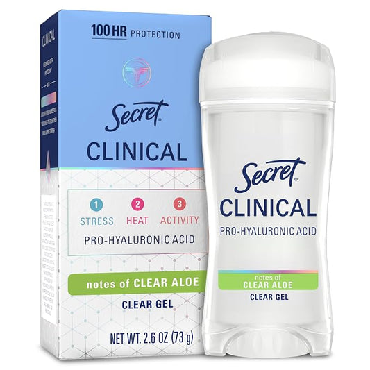 Secret Clinical Strength 100HR Sweat & Odor, Clear Gel Antiperspirant Deodorant for Women, 3X Stress Protection with Pro-Hyaluronic Acid, Ph Balancing Minerals, Clear Aloe Scent, 2.6 oz