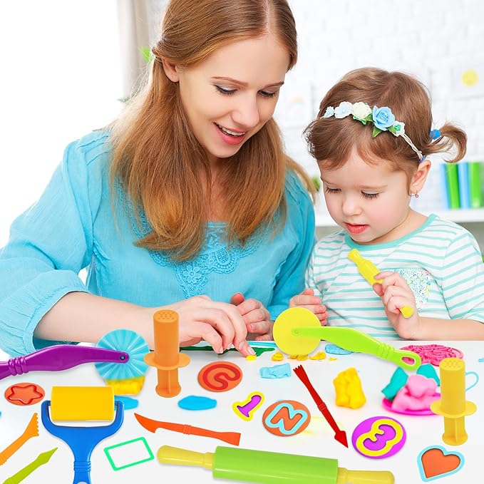 LCY WEDSHI Dough Tool Set, 62 Pcs Dough Tools Sets for Kids Ages 4-8, Dough Accessories Includes Alphabet Numbers Shapes, Cutters Roller, Rolling Pins, Safety Scissors, Plastic Knife
