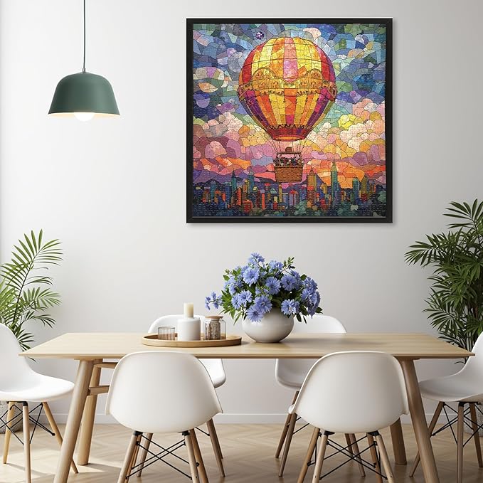 Puzzles for Adults 1000 Pieces - Stained Glass Hot Air Balloon: City in The Clouds, Challenging Jigsaw Puzzles Perfect for Game Night, Gift Giving, Size 24x24 in