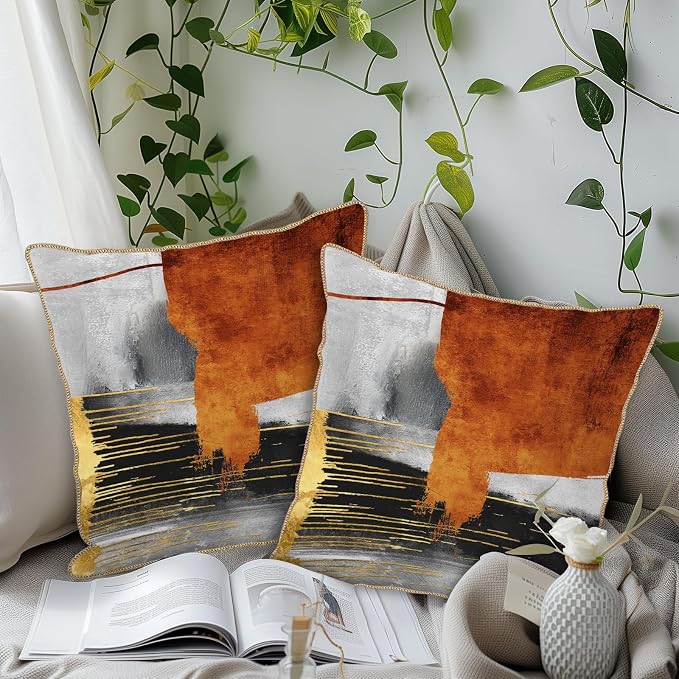 Burnt Orange Gold Grey Soft Velvet Throw Pillow Covers Set of 2 Taupe Gray Abstract Art Painting Decorative Pillow Covers 18x18 Inch Modern Retro Pillow Case For Sofa Couch Living Room Home Decor