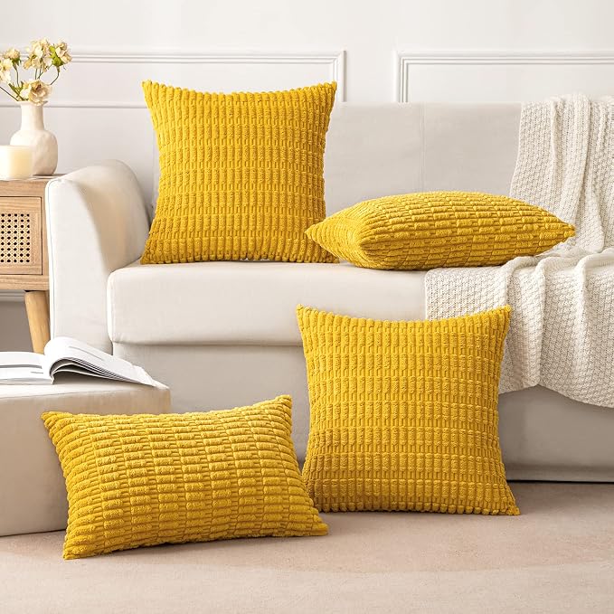 MIULEE Decorative Throw Pillow Covers 16x16 Mustard Yellow Pack of 2 | Soft Corduroy Boho Striped Pillow Covers Modern Farmhouse Home Decor For Sofa Living Room Couch Bed