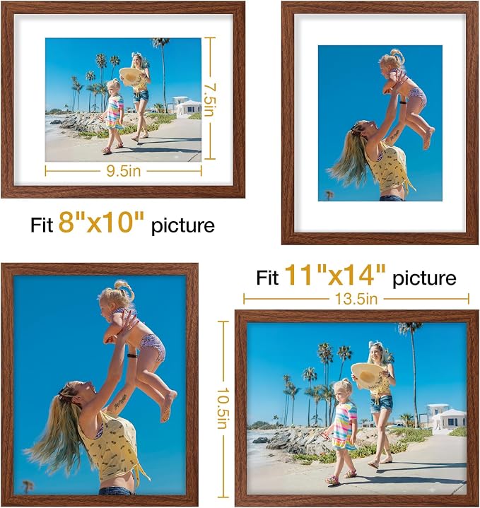 Vittanly 11x14 Picture Frames Set of 9 for Wall Mounting, Wood Grain Brown | Display Pictures 8x10 with Mat or 11x14 without Mat, Engineered Wood with Shatter Resistant Plexiglass, Gallery Photo Frames