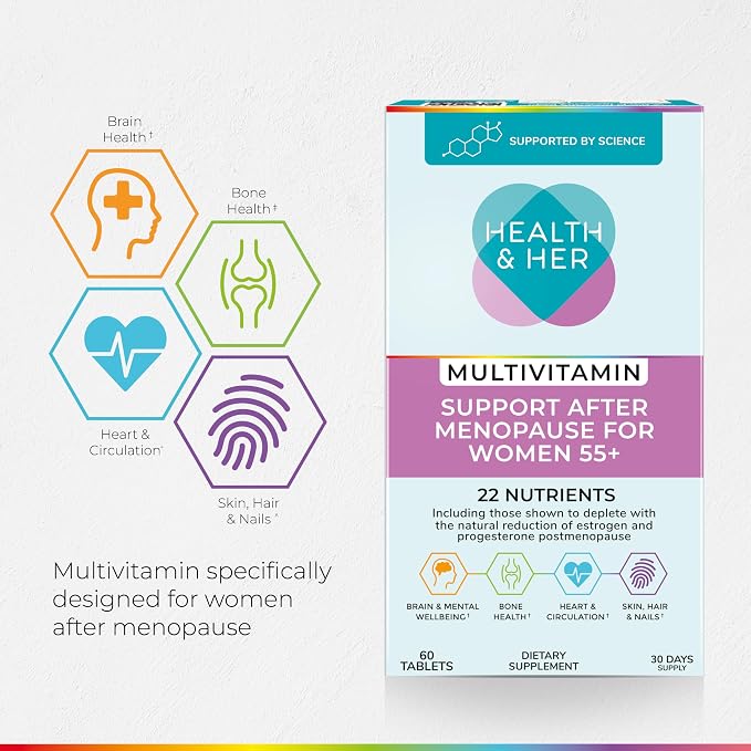 Health & Her Multivitamin for Women 55+ & Postmenopausal, 30 Day Supply | Daily dietary supplement with 22 key nutrients for wellbeing after menopause; Vegan, gluten-free; 60 tablets