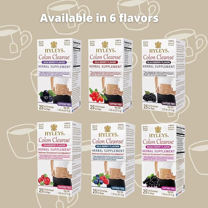 HYLEYS Colon Cleanse Tea, Wild Berry Flavor - 25 Individually Wrapped Herbal Tea Bags - Caffeine Free, Vegan