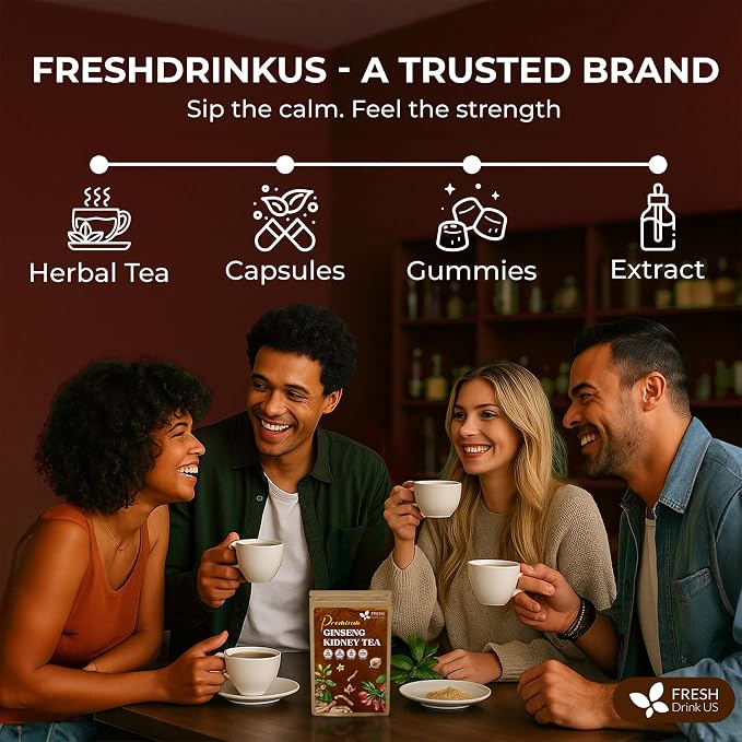 FreshDrinkUS, Ginseng Kidney Tea – 30 Packs of Herbal Detox & Vitality Support | 100% Natural Roots & Berries | Caffeine-Free | Adaptogenic Blend for Energy, Kidney Health, and Wellness
