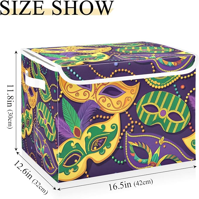 Mardi Gras Mask Storage Bins with Lids and Carrying Handle,Foldable Storage Boxes Organizer Containers Baskets Cube with Cover for Home Bedroom Closet Office