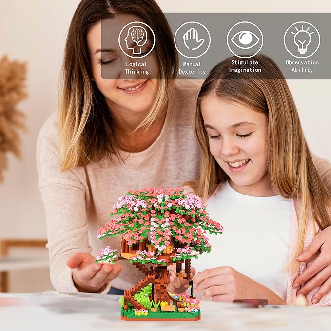 Cherry Blossom Tree Building Block Set Gift for Adults Girls Boys 14+, Cherry Bonsia Treehouse Micro Building Blocks, Japanese Sakura Flowers House 2138PCS