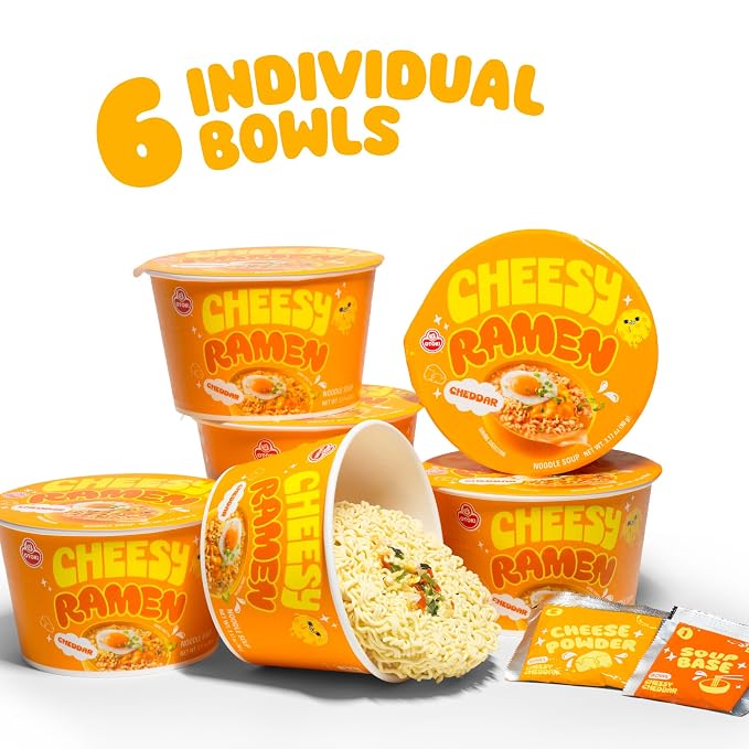 Cheesy Ramen (Bowl) – Cheddar Flavor | Non-Spicy, Creamy & Savory Korean Instant Bowl Noodles, 3.17 oz (Pack of 6)