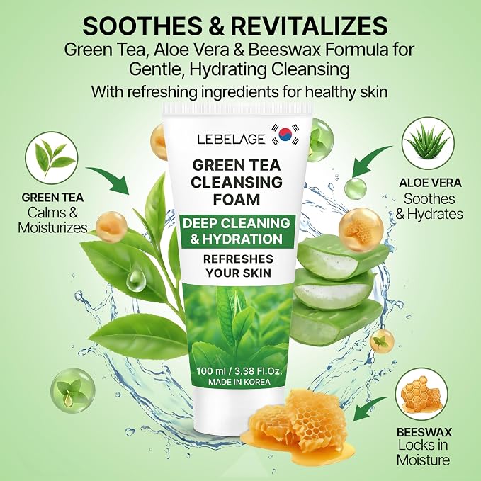 LEBELAGE Korean Green Tea Facial Cleanser 3.38 oz | Cleansing Foam Face Wash | Low pH Gentle Hydrating Daily Facial Cleanser Sensitive Skin | Deep Cleansing Foaming Cleanser, Pore Care-All Skin Types