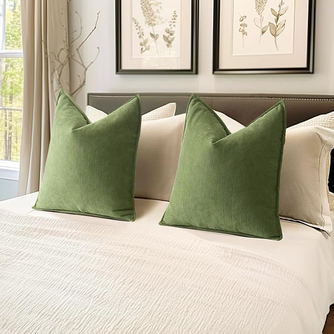 MIULEE Pack of 2 Sage Decorative Chenille Pillow Covers 18x18 Inch | Soft Couch Throw Pillows,Farmhouse Cushion Covers with Elegant Design for Sofa,Bedroom,Living Room,Spring Home Decor