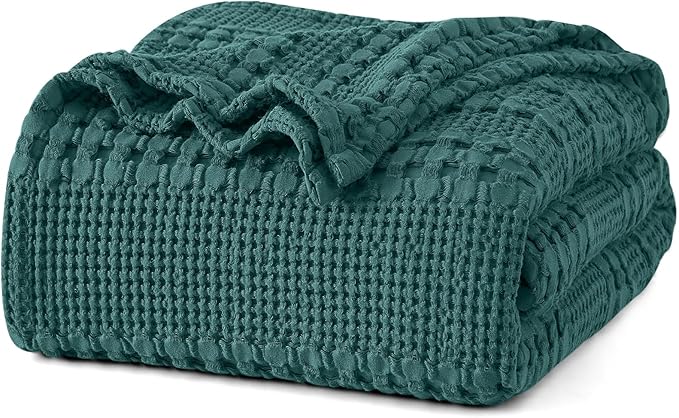 PHF 100% Cotton Waffle Weave Blanket Queen Size, Lightweight Breathable Summer Blanket for Hot Sleepers, Pre-Washed Soft Layer for Bed, Couch, Aesthetic Home Decor & Gift, 90"x90", Teal