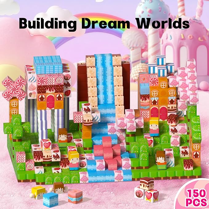 Magnetic Building Blocks,Magnetic Cubes Pink Princess Set for Kids Age 3+ Girls Stacking Building for Kids Magent Blocks Constrcution Preschool Learning Toys Birthday Gifts(150pcs 0.8inch)