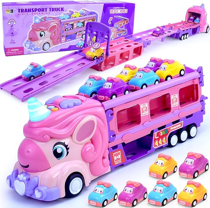 ZSHKG Girls Cars for 1 2 3 4 5 Year Old,Kids 7-in-1 Pink Unicorn Foldable Transport Carrier Trucks with Lights and Music W/ 6 Princess Cars Birthday Presents for 1-3 3-5 Yrs Old Girls Toddlers Babys