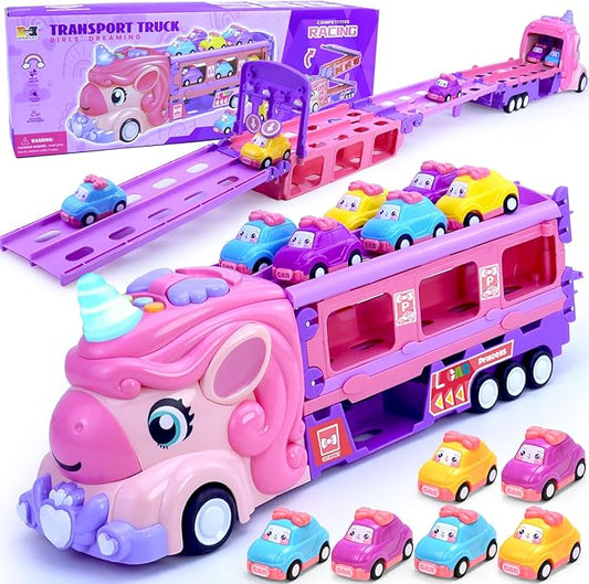 ZSHKG Girls Cars for 1 2 3 4 5 Year Old,Kids 7-in-1 Pink Unicorn Foldable Transport Carrier Trucks with Lights and Music W/ 6 Princess Cars Birthday Presents for 1-3 3-5 Yrs Old Girls Toddlers Babys