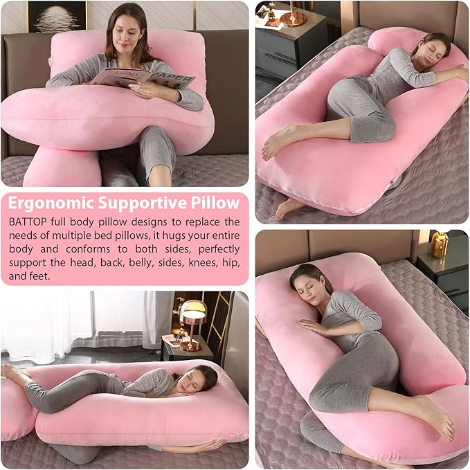 BATTOP Pregnancy Pillows for Sleeping- U Shaped Full Body Maternity Pillow, Pregnancy Pillow for Side Sleepers with Removable Cover, Supports Back, Hips, Belly & Legs (Pale Pink)