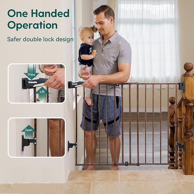 Babelio Baby Gate for Stairs & Doorways, 26-43" W 28" H No Bottom Bar| Easy Installation| One-Handed Operation| Auto-Close| Hardware Mount (Drill Needed) Safety Dog/Pet Gate (Black Wood Pattern)