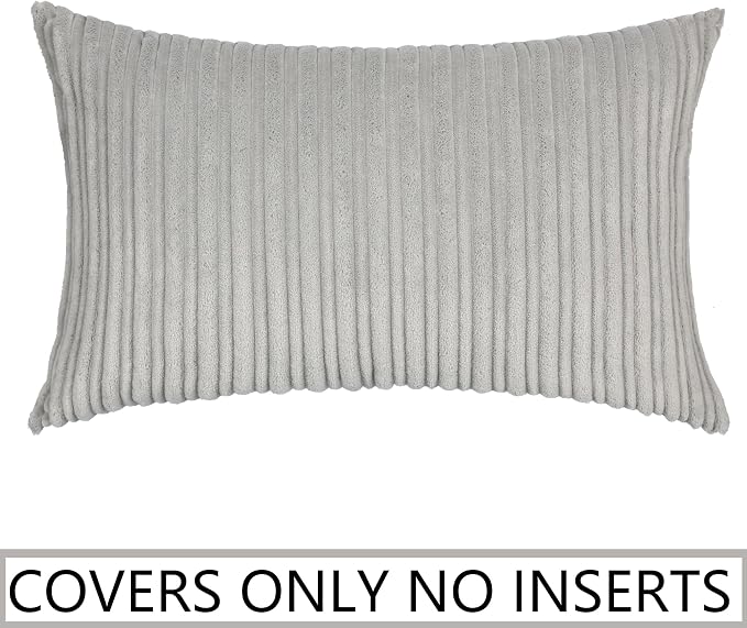 UGASA Velvet Pillow Covers Striped, Decorative Throw Cushion Case with Hidden Zipper for Home Couch/Bedroom, Soft Cozy Solid Oblong, 1 Piece (12"x20", Light Grey)