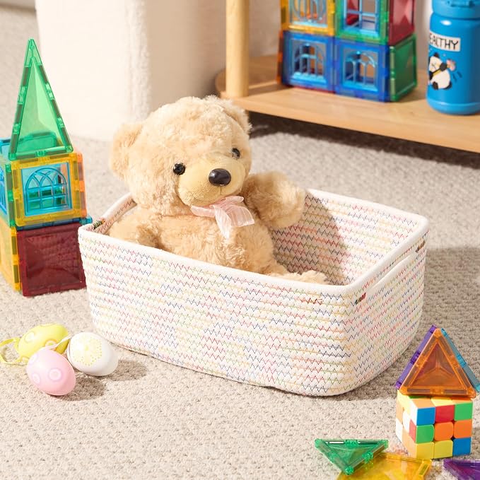 MiniArk Small Storage Baskets for Organizing | Closet Organizer Bins | Shelf Toy Basket | Woven Rope Baskets | Cube Decorative Box | Shallow Basket | 13x8.5x5.1” | 3 Packs Rainbow