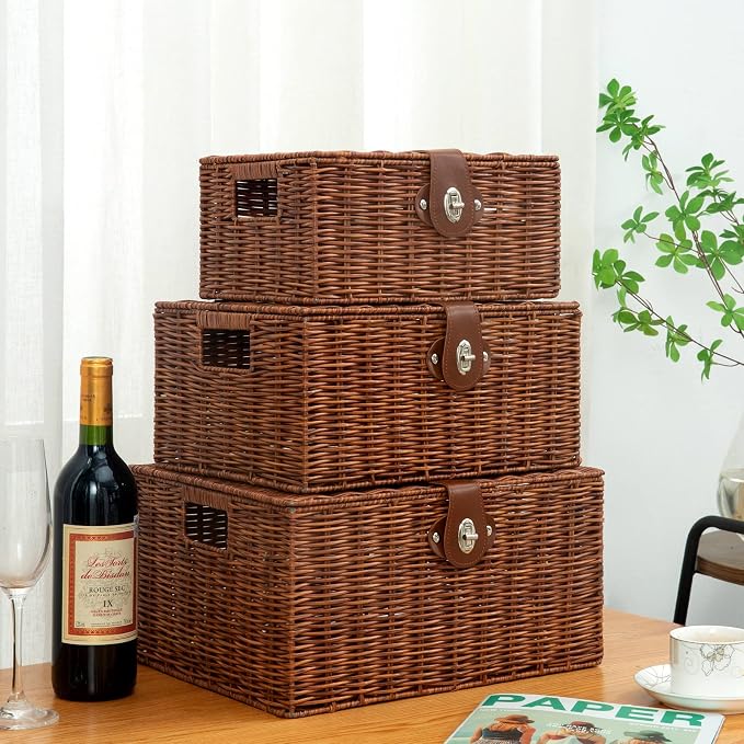 Set of 3 Woven Wicker Storage Basket Box with Lids & Lock, Built-in Carry Handles, Multifunctional Storage Organizer for Nursery, Baby, Toys, CLoset, DVD Large/Medium/Small Size (Natural)