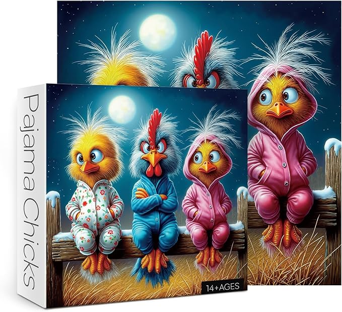 Funny Chick Art Puzzles for Adults 1000 Pieces, Fantasy Bird Chicken Aesthetic Jigsaw Puzzles, Magic Winter Stars Night Impossible Challenging Puzzle