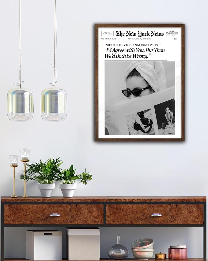 EcoHest 12x16 in Cool Girl Newspaper Framed Wall Art for Bedroom | Walnut Color Solid Oak Frame, Canvas Wall Art, Girly Fashion Magazine Decor for Bedroom, Apartment, Dorm, College Room, 1Pack