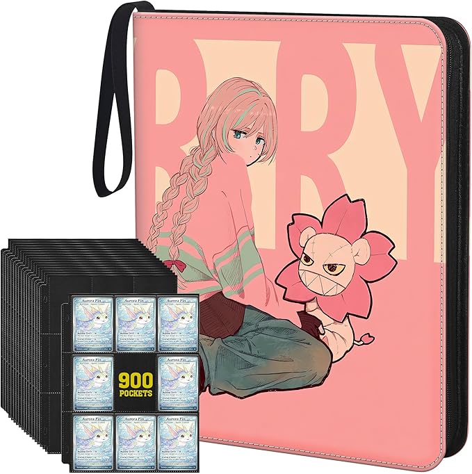 Trading Card Binder Album, 900 Pockets, 3-Ring Refillable with 50 Double-Sided 9-Pocket Sheets, Fits 2.5"x3.5" TCG & Sports Cards, Acid-Free, Zippered PU Cover, Cherry Anime Design