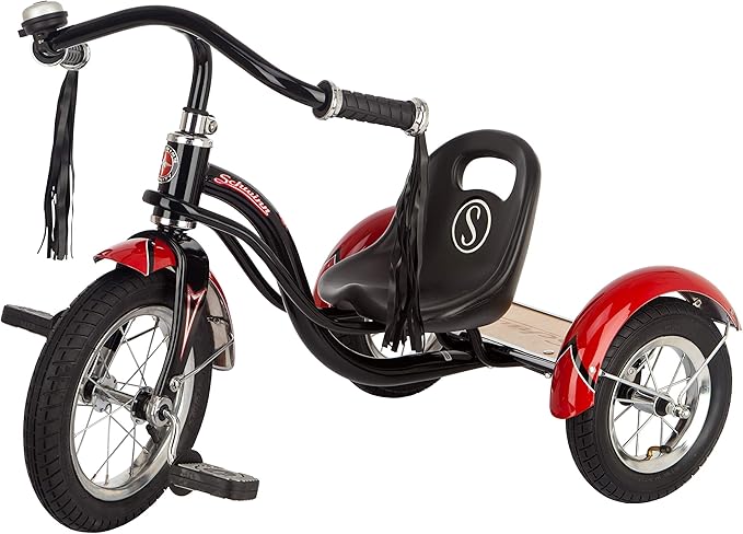 Schwinn Roadster Bike for Toddler, Kids Classic Tricycle, Low Positioned Steel Trike Frame with Bell and Handlebar Tassels, Rear Deck Made of Genuine Wood, for Boys and Girls Ages 2-4 Year Old, Black