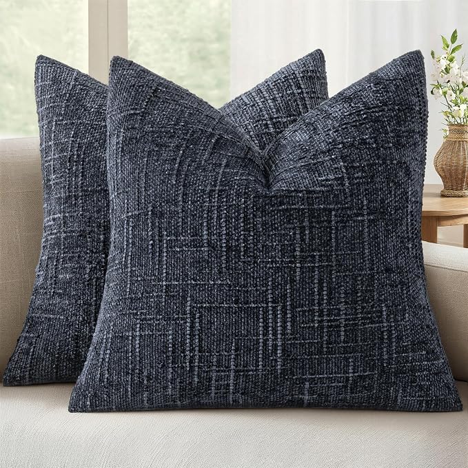 MIULEE Chenille Textured Throw Pillow Covers Navy Blue 20x20 Set of 2 | Slubby Decorative Pillows, Boho Farmhouse Coastal Decor, Modern Neutral Cushion Covers for Couch Sofa Bed Living Room