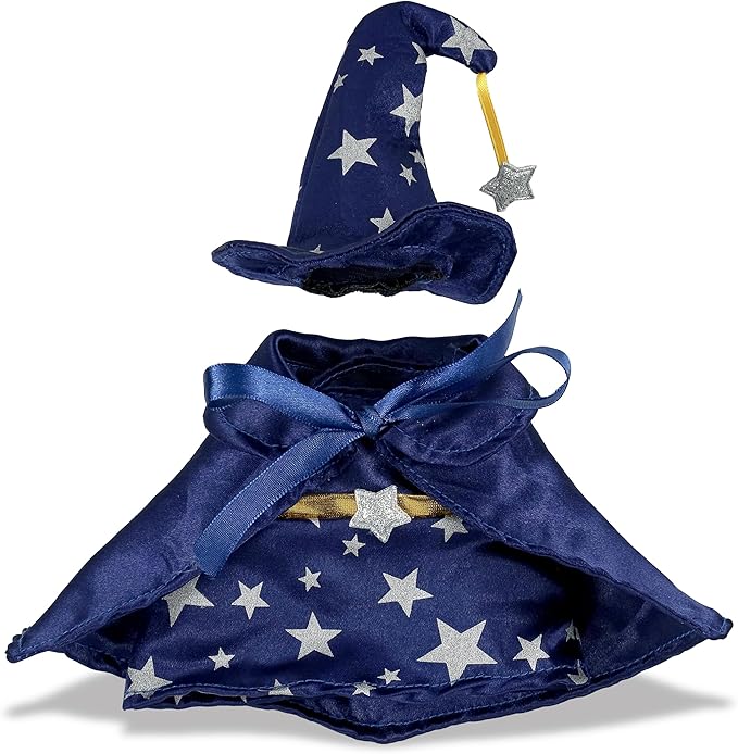 DolliBu Wizard Stuffed Animal Dress Up Set - Cute Teddy Bear Wizard Costume with Blue Cape and Hat with Silver Stars