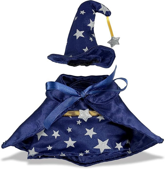 DolliBu Wizard Stuffed Animal Dress Up Set - Cute Teddy Bear Wizard Costume with Blue Cape and Hat with Silver Stars