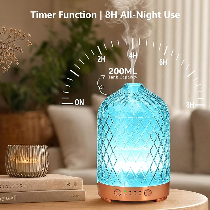 Essential Oil Diffuser for Home- 200ml Aromatherapy Diffuser for Essential Oils with 4 Timer, 7 Color LED Lights Waterless Auto Shut-Off for Home Office Décor Gifts for Women