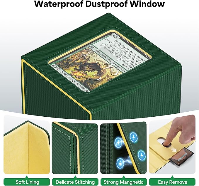 ZLCA MTG Commander Deck Box, Card Deck Box for Trading Card, Holds 110+ Double Sleeved Cards Fits for TCG CCG Magic Cards with 2 Dividers (Green & Yellow)