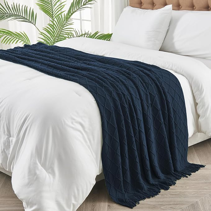 inhand Dark Blue Knitted Throw Blanket for Couch and Bed, 60"x80" | Soft Cozy Knit Blanket with Tassel, Lightweight Decorative Blankets and Throws, Farmhouse Warm Woven for Men and Women