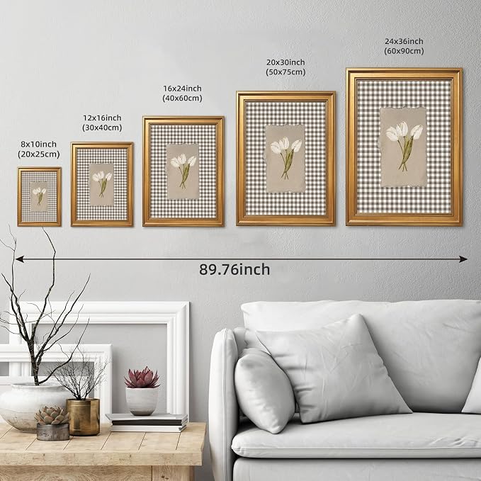 Gold Framed White Tulips Vintage Floral Wall Art Painting Brown Gingham Botanical Print Rustic Farmhouse Flower Picture Poster Neutral Cottagecore Canvas Artwork Aesthetic Country Home Decor 24x36inch