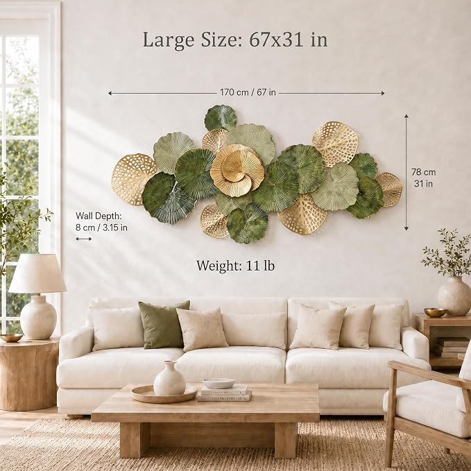 Axioglo 67" Large Wall Decor 3D Lotus Leaf Metal Wall Art for Living Room | 67" x31" metal wall decor with layered metal texture, mounting hardware, two-way display