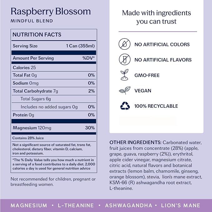 TRIP Lightly Sparkling Adaptogen Drink, Non Alcoholic Drink with Magnesium, Ashwagandha, Lions Mane & L Theanine, No Added Sugar Mocktail, Vegan, Raspberry Blossom, 12 Oz, 12Pk
