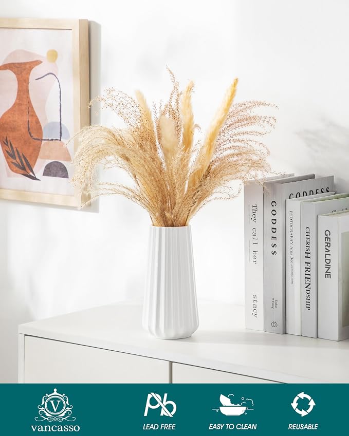 vancasso Ceramic Vase, 7.8 Inch Modern Ribbed Glossy Decorative Vase, Flower vase for Home Decor, Living Room, Bedroom, Office Decor, White
