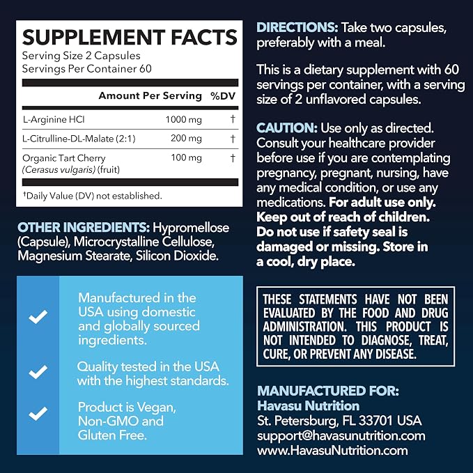L-Arginine Capsules with L-Citrulline - Nitric Oxide Supplement - L Arginine and L Citrulline Blend - 120 Count - Vegan, Non-GMO Capsules for Performance, Endurance and Muscle Support - 2 Month Supply